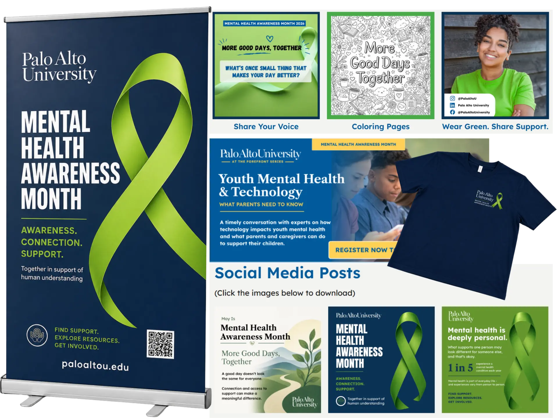 Mental Health Awareness Month campaign: retractable campus banner with green awareness ribbon alongside social media graphics, Share Your Voice, Wear Green Share Support, coloring pages, Youth Mental Health & Technology event promotion, and branded t-shirt.